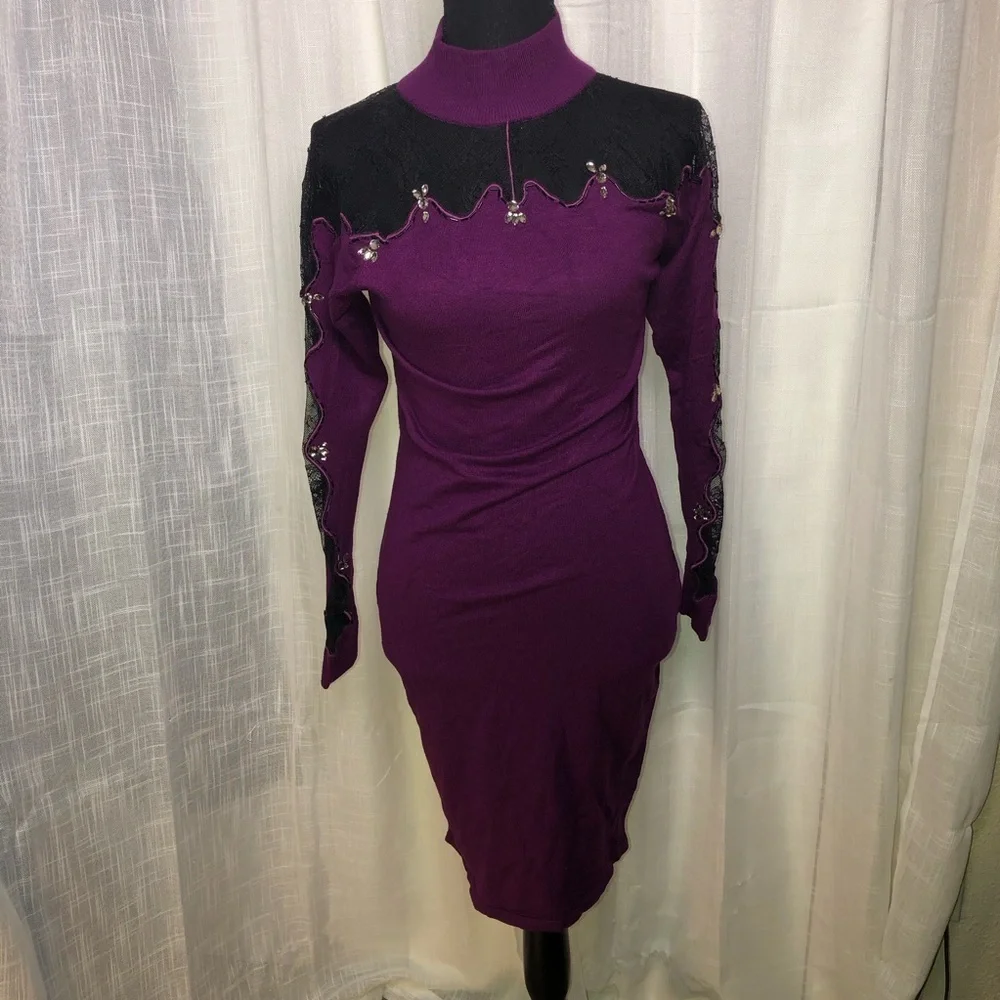VENUS Purple and Black Lace Mini Sweater Dress NWOT